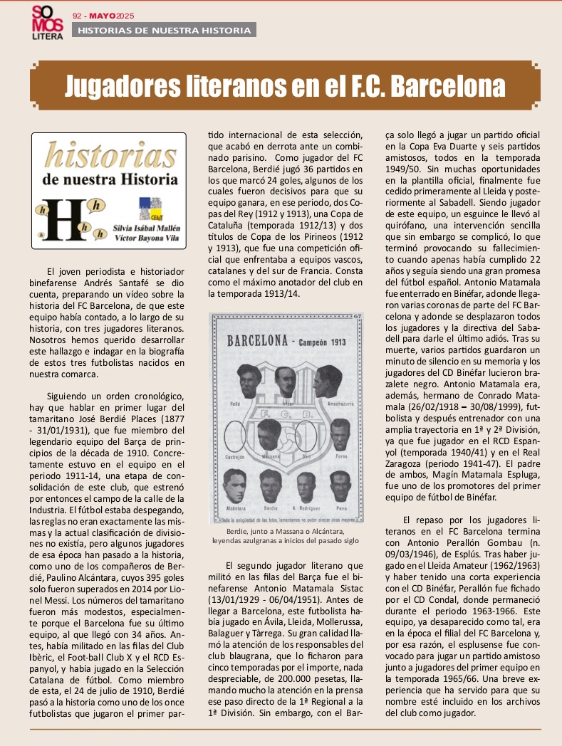 Futbolistas literanos que jugaron en el FC Barcelona ocupan la sección Historias de nuestra Historia de la revista Somos Litera