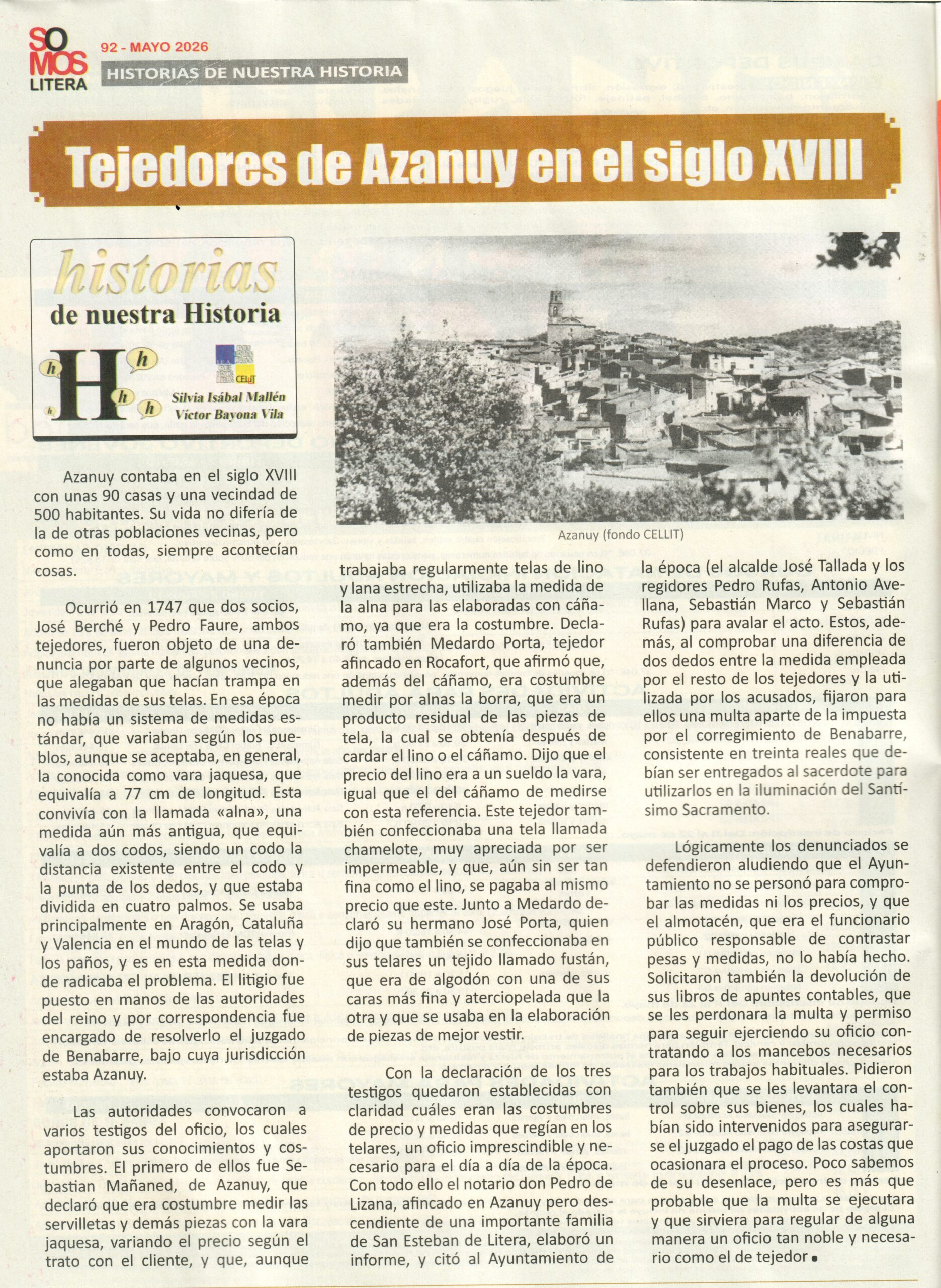 Los tejedores de Azanuy en el siglo XVIII en nuestra colaboración mensual en la revista Somos Litera